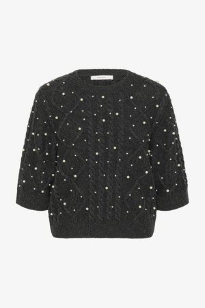 Mørkegrå strikket sweater med korte ærmer, der har et kabelstrik mønster og er pyntet med falske perler overfladen.