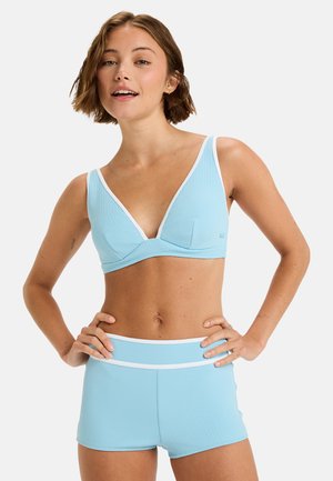Light blue bikini top with a textured fabric in a triangle design, paired with matching high-waisted shorts featuring white trim.