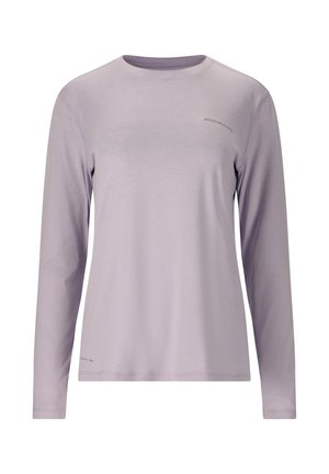 Lyse lilla langærmet atletisk skjorte med rund hals, lille "ENDURANCE" logo på brystet og teksten "QUICK DRY" nær kanten.