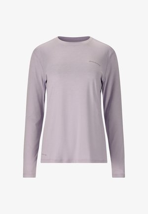 Lyse lilla langærmet atletisk skjorte med rund hals, lille "ENDURANCE" logo på brystet og teksten "QUICK DRY" nær kanten.