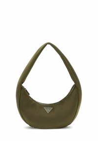 Sac à épaule vert olive en matériau lisse, avec un design incurvé et une fermeture éclair. Comprend un accent logo argenté de marque.