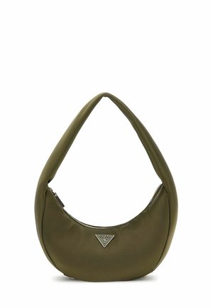 Sac à épaule vert olive en matériau lisse, avec un design incurvé et une fermeture éclair. Comprend un accent logo argenté de marque.