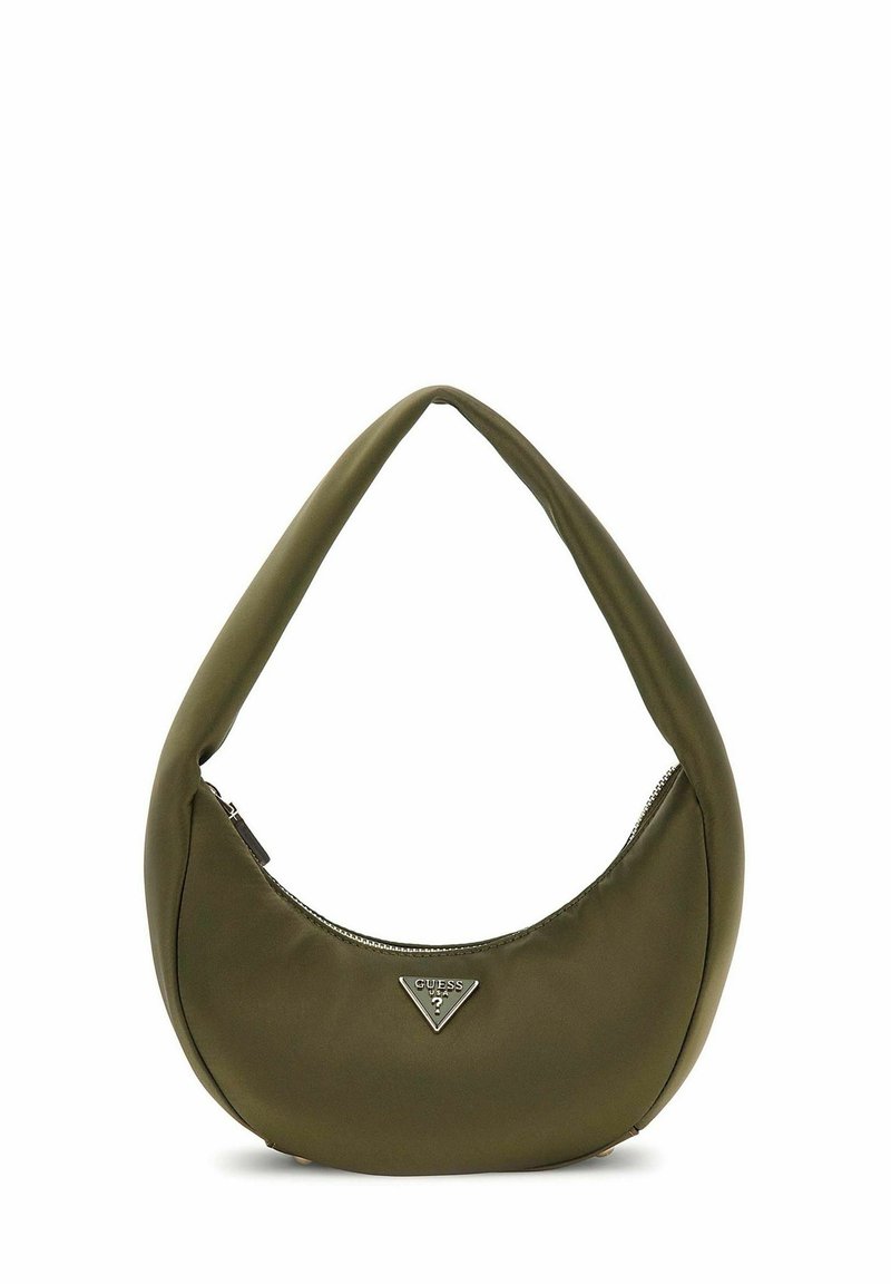 Sac à épaule vert olive en matériau lisse, avec un design incurvé et une fermeture éclair. Comprend un accent logo argenté de marque.