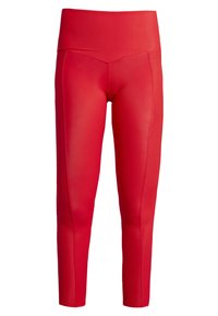 Czerwone legginsy wykonane z elastycznego materiału, z wysokim, prążkowanym pasem i gładką teksturą oraz dopasowanym krojem.
