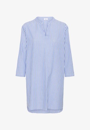 Gestreiftes Hemd in Hellblau und Weiß, mit einem kurzen Kragen und Dreiviertelärmeln, gerade geschnitten und aus weichem Stoff.