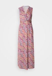 Robe maxi avec un décolleté en V, sans manches. Fabriquée en tissu léger, arborant un motif en zigzag coloré dans des tons de rose, jaune et bleu.