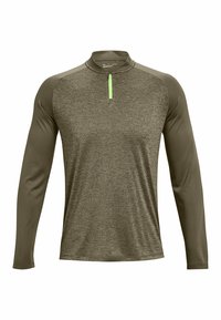 Langärmeliges Hemd in Olivgrün mit strukturiertem Körper und einfarbigen, dunklen Ärmeln. Verfügt über einen Reißverschlusskragen mit einem leuchtend grünen Reißverschlussdetail.