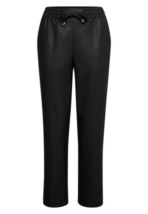 Schwarze Kunstlederhosen mit einem elastischen Bund und Kordelzug, schlank zulaufenden Beinen und nahtloser Verarbeitung für einen glatten Abschluss.