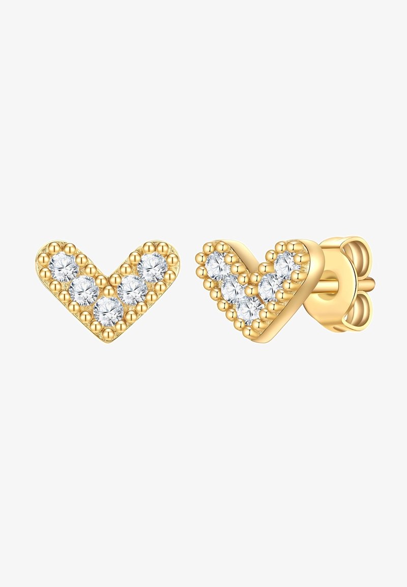 Gold heart-shaped earrings featuring five clear crystals, with a textured gold border of small beads. Post-back closure design.