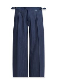 Pantalon large bleu marine à fines rayures, avec plis, brides latérales réglables à boucles métalliques, et fermeture avant à boutons.