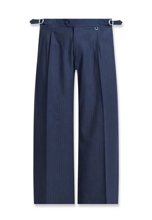 Navy blue pinstripe wide-leg trousers with pleats, side adjuster straps with metal buckles, and a front button closure.