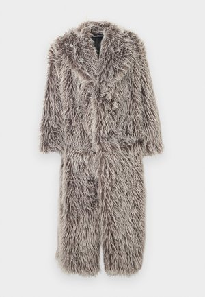 Long, shaggy gray faux fur coat with wide collar and full sleeves, displayed on plain white background.