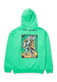 Felpa verde con cappuccio che presenta una stampa grafica di due figure danzanti sul retro, con il testo "COSMIC LOVE PARTY" sopra.