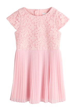 Hellrosa Mädchenkleid mit kurzen Ärmeln, Spitzen-Oberteil mit Blumenmuster und plissiertem Rock.