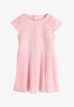 Hellrosa Mädchenkleid mit kurzen Ärmeln, Spitzen-Oberteil mit Blumenmuster und plissiertem Rock.