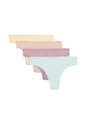 Cuatro tangas de algodón para mujer en colores pastel amarillo, rosa, malva y azul claro, apilados ordenadamente sobre un fondo blanco.