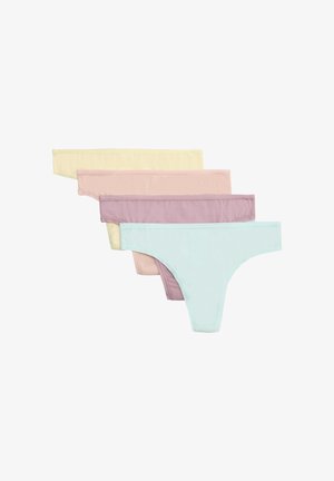 Cuatro tangas de algodón para mujer en colores pastel amarillo, rosa, malva y azul claro, apilados ordenadamente sobre un fondo blanco.