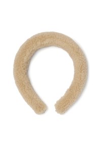 Diadema de felpa beige, cubierto de forro polar, con una superficie suave y texturizada, diseñada para brindar calidez y comodidad.