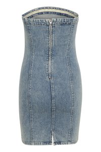 Jeans mini haljina s prilagođenim krojem, svijetloplavom bojom, prednjim zatvaračem i prednjim prorezom na rubu.