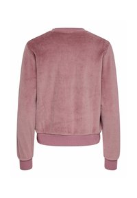 Pull-over en polaire rose pâle avec une texture douce, des poignets et un bas côtelés, et un col rond. Le dos est uni sans ornements.