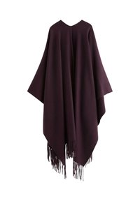 Poncho viola con scollatura a V, caratterizzato da un design morbido e bordi frangiati, realizzato in un tessuto morbido e testurizzato.