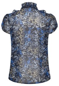 Mustat läpinäkyvät puserot sinivalkoisella ja beigestä kukkakuviolla, volangilla varustettu korkea kaulus ja lyhyet puffihihat, nähtynä takaa.