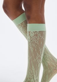 Čarape do bedara u boji metvasto zelene s čipkastim cvjetnim uzorkom i čvrstim naboranim zelenim vrhom. Prozirni materijal s detaljnim ukrasima.