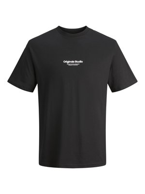 Zwarte katoenen t-shirt met korte mouwen, ronde hals, en witte tekst "Originals Studio" op de voorkant. Gladde textuur, ontspannen pasvorm.