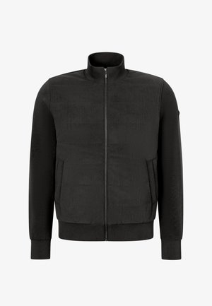 Schwarze Jacke mit durchgehendem Reißverschluss, gesteppter Frontpartie, hohem Kragen, langen Ärmeln, Seitentaschen sowie gerippten Bündchen und Saum.