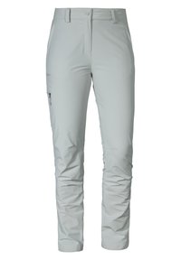 Pantalones exteriores ligeros de color gris claro, fabricados con un tejido duradero, que cuentan con un bolsillo lateral con cremallera y un diseño recto.