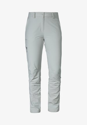 Helle graue, leichte Outdoor-Hosen aus strapazierfähigem Material, mit einer seitlichen Reißverschlusstasche und im geraden Schnitt.