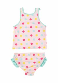 Completo bikini con top e parte inferiore di un rosa pastello, decorato con pois colorati in rosa, giallo e blu, con dettagli arricciati sulla parte inferiore.