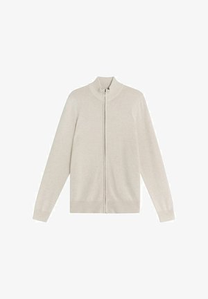 Jasnobeżowy kardigan na zamek błyskawiczny, z wysokim kołnierzem, ściągaczami na mankietach i u dołu oraz miękką dzianinową fakturą. Prosty design bez wzorów i ozdób.