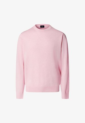 Lichtroze trui met lange mouwen en ronde hals, met een subtiel logo op de linkerborst en geribbelde boorden aan de mouwen en zoom.