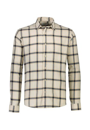 Chemise à manches longues en tissu léger avec une base crème, présentant un motif à carreaux bleu et jaune et des fermetures à boutons.