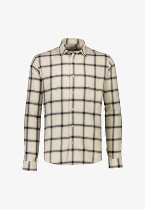 Chemise à manches longues en tissu léger avec une base crème, présentant un motif à carreaux bleu et jaune et des fermetures à boutons.