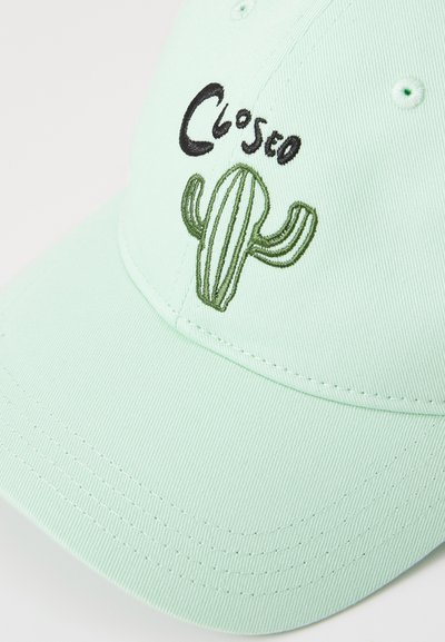 Light green baseball cap with a cactus embroidery and the word "Closed" in black. Features textured fabric and stitched detailing.