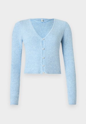 Light blue ribbed cardigan with long sleeves and a V-neckline, featuring five buttons down the front and a cropped hem.