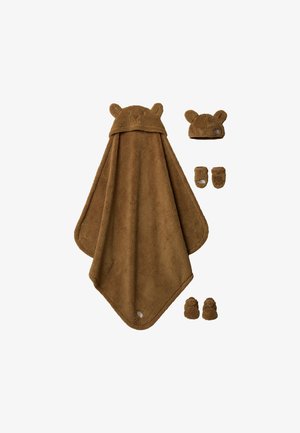 Brown bear-themed towel with ears, accompanying mittens, and hat; made of soft, textured fabric; features stitched facial details.