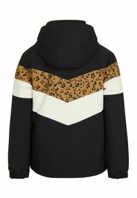 Giacca nera con motivo a chevron in tonalità beige, bianco e accenti di stampa animale. Presenta un cappuccio e polsini elasticizzati per una vestibilità e un comfort ottimali.
