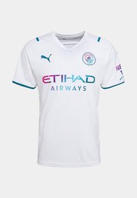 Bílý fotbalový dres s krátkým rukávem a tyrkysovými akcenty, se smíšenými barvami "ETIHAD AIRWAYS" a kulatým výstřihem. Logo Puma na hrudi.