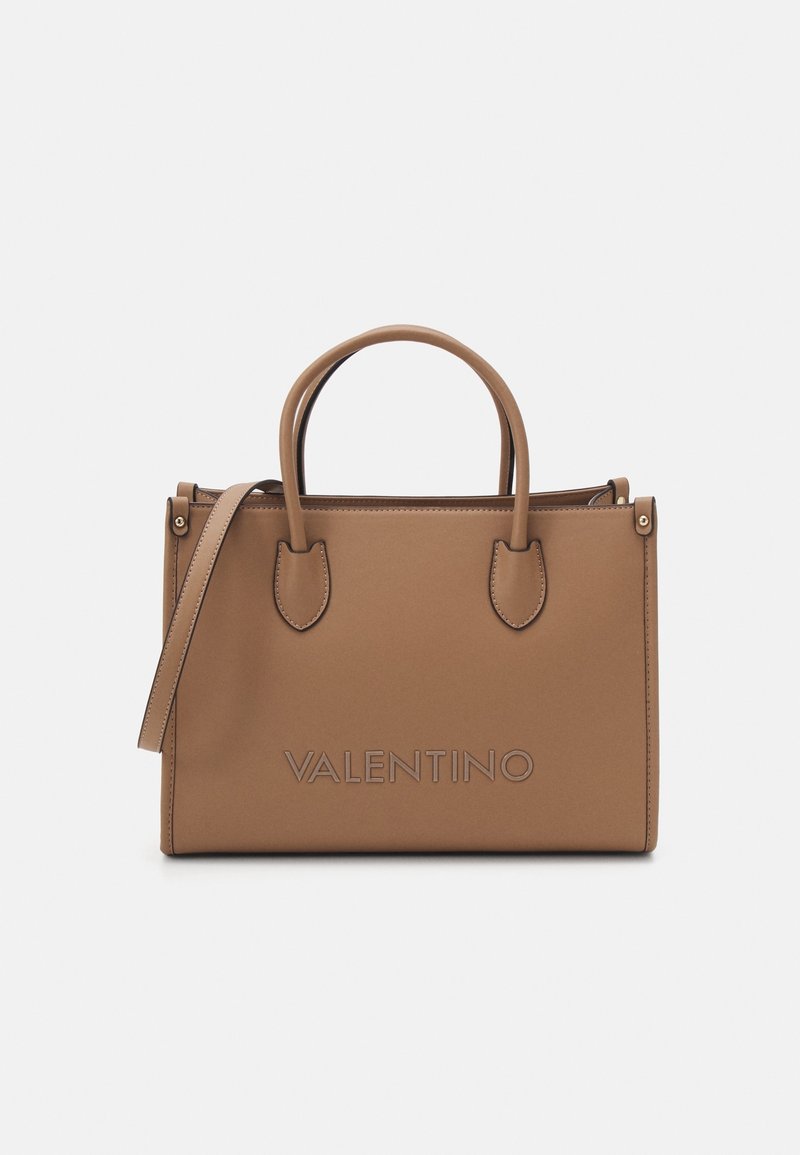 Tan leather handbag with dual top handles, a detachable shoulder strap, and embossed "VALENTINO" logo on the front. Minimalist design.