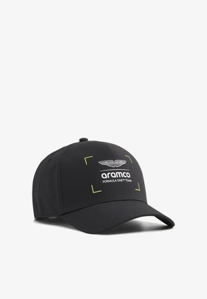 Black baseball cap with Aston Martin logo and "aramco Formula One team" text in white centered on front panel.