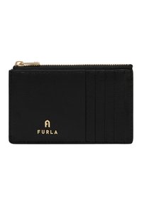 Black leather wallet with gold hardware, featuring a zip closure and multiple card slots. Textured surface with embossed brand logo.