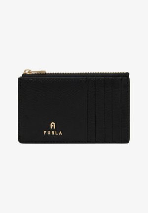 Black leather wallet with gold hardware, featuring a zip closure and multiple card slots. Textured surface with embossed brand logo.