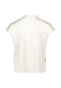 Kurze Ärmel, bluse aus elfenbeinfarbenem Satin. Mit einem hohen Kragen und einem verdeckten Reißverschluss hinten, der eine klare Silhouette zaubert.
