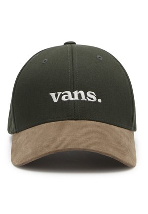 Casquette de baseball vert foncé avec une visière en velours côtelé marron et le logo "vans." brodé en blanc centré sur le panneau avant.