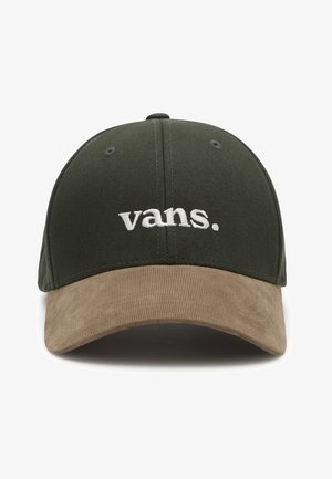 Ciemnozielona czapka z daszkiem z brązowego sztruksu i białym haftowanym logo "vans." umieszczonym na środku przedniej części.