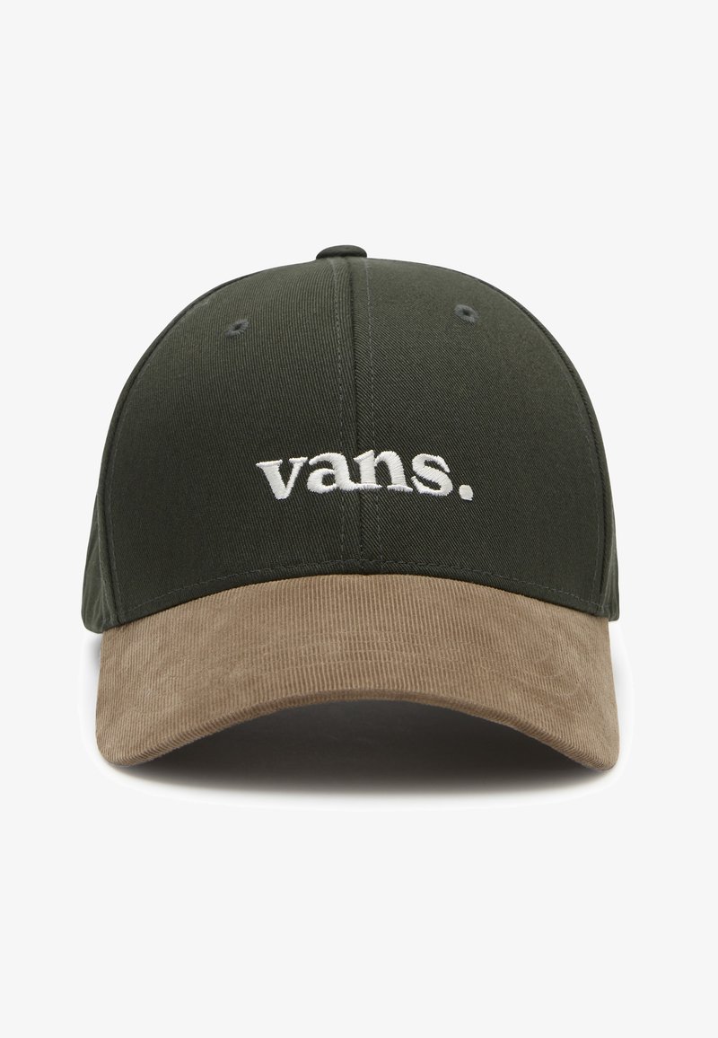 Casquette de baseball vert foncé avec une visière en velours côtelé marron et le logo "vans." brodé en blanc centré sur le panneau avant.