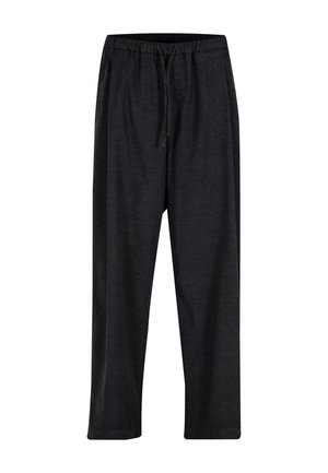 Tamsiai pilkos spalvos, laisvo kirpimo kelnės, pagamintos iš minkštos medžiagos, su elastinga juosta ir raišteliu bei dviem šoninėmis kišenėmis.